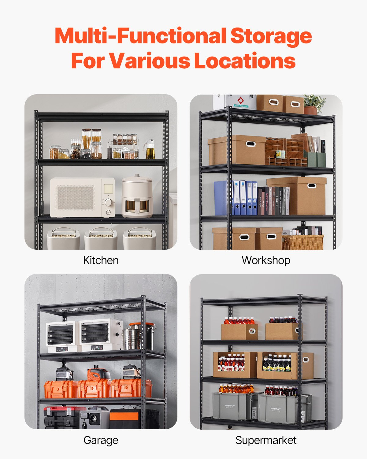 Start2Finish VEVOR heavy-duty 5-tier metal garage shelving unit with adjustable black storage shelves for industrial, kitchen, or warehouse use