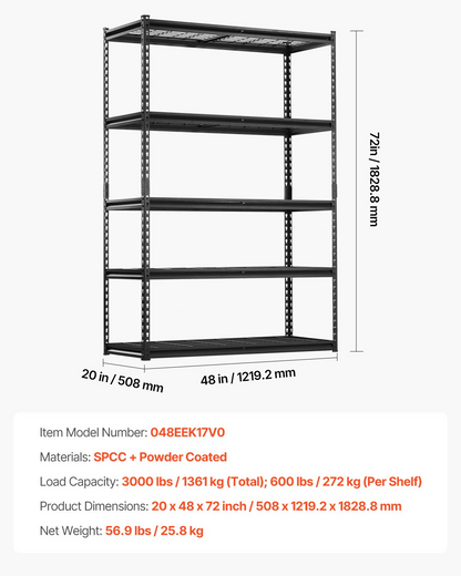 Start2Finish VEVOR 5-tier heavy-duty metal garage shelving unit with black finish, 20" D x 48" W x 72" H for industrial storage