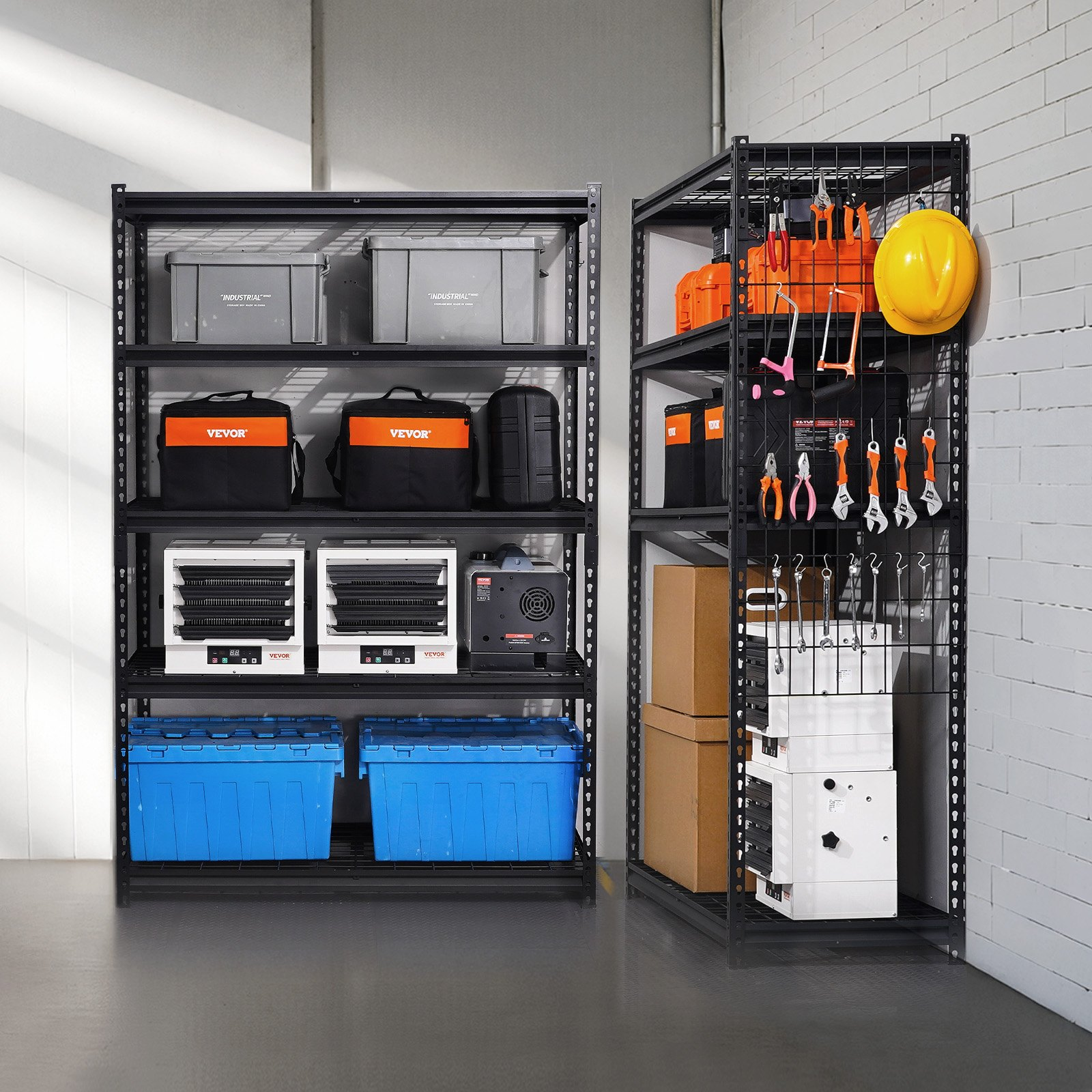 Start2Finish VEVOR 5-tier heavy-duty garage shelving unit with adjustable black metal shelves for industrial storage, 20" D x 48" W x 72" H
