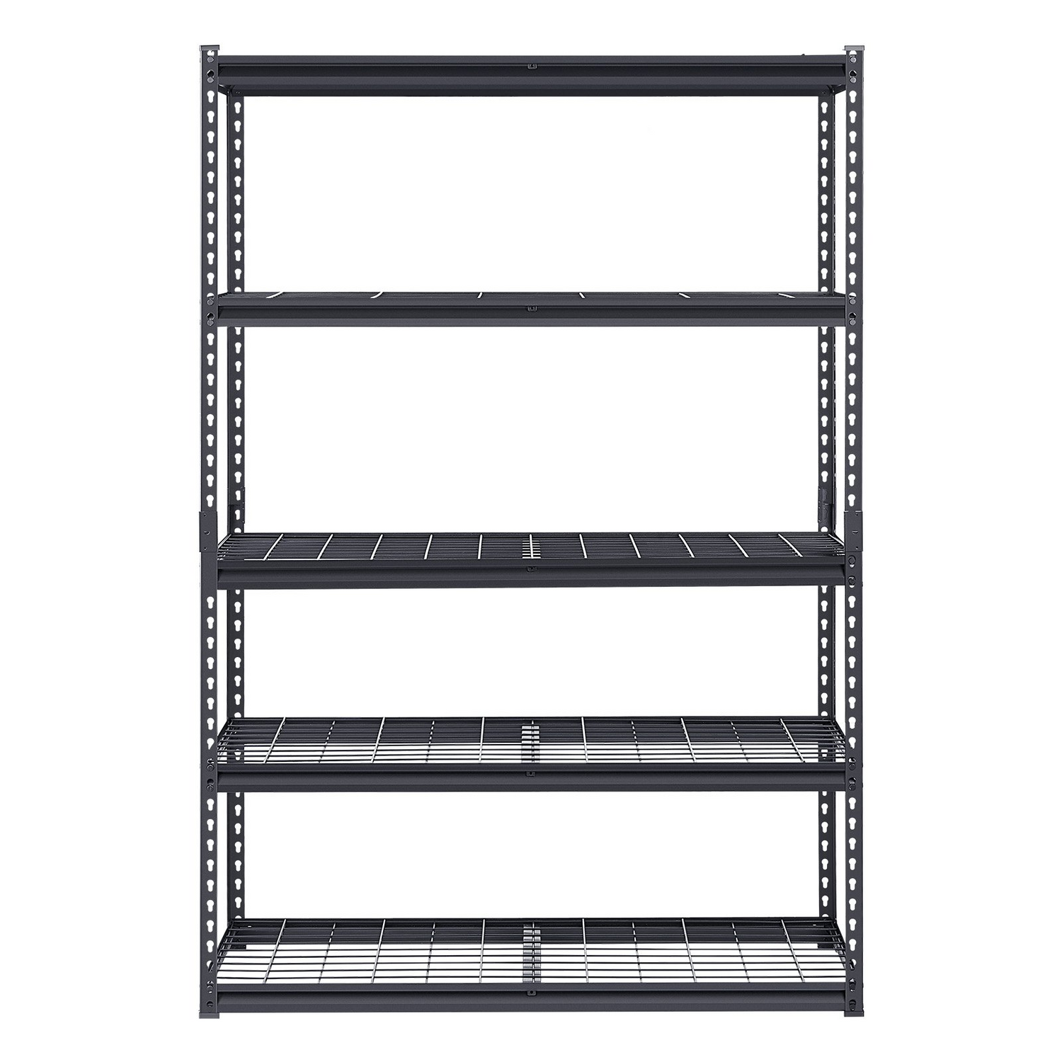 Start2Finish VEVOR 5-tier heavy-duty metal garage shelving unit with adjustable black steel shelves, 20" D x 48" W x 72" H.