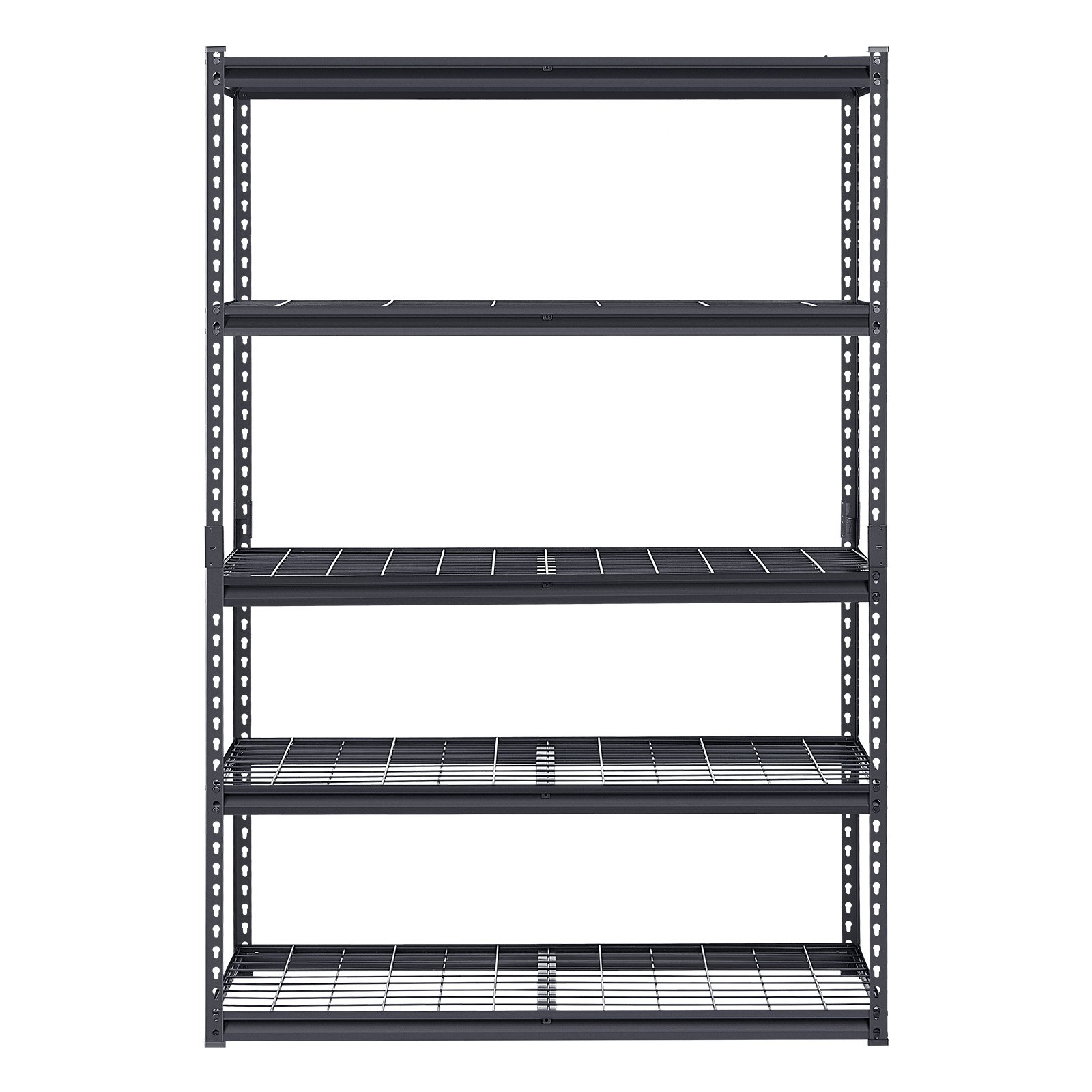 Start2Finish VEVOR 5-tier heavy-duty metal garage shelving unit with adjustable black steel shelves, 20" D x 48" W x 72" H.