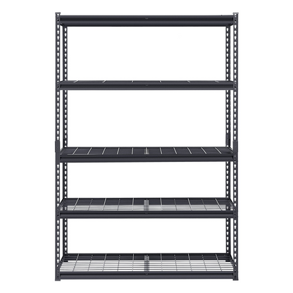 Start2Finish VEVOR 5-tier heavy-duty metal garage shelving unit with adjustable black steel shelves, 20" D x 48" W x 72" H.