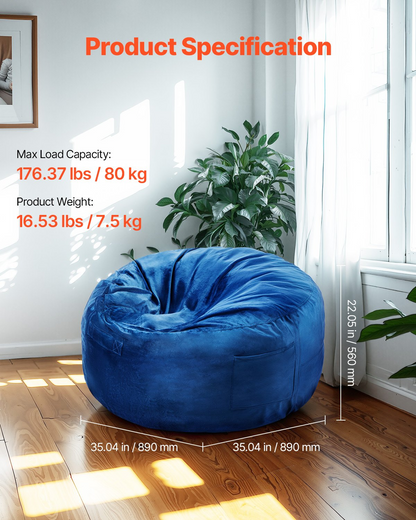 Start2Finish VEVOR 3-foot round bean bag chair with blue Dutch velvet cover and memory foam filling, ideal for bedroom or playroom.