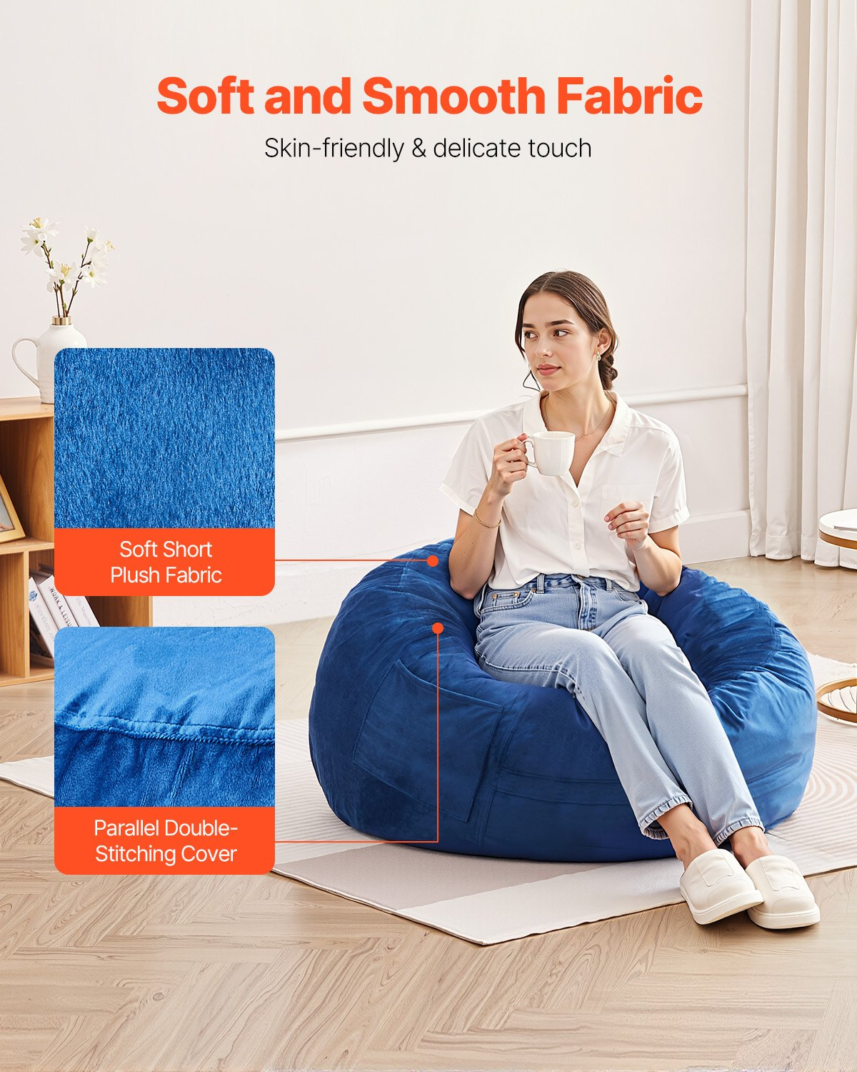 Blue VEVOR 3-foot round bean bag chair with removable washable cover, filled with memory foam and soft Dutch velvet fabric.