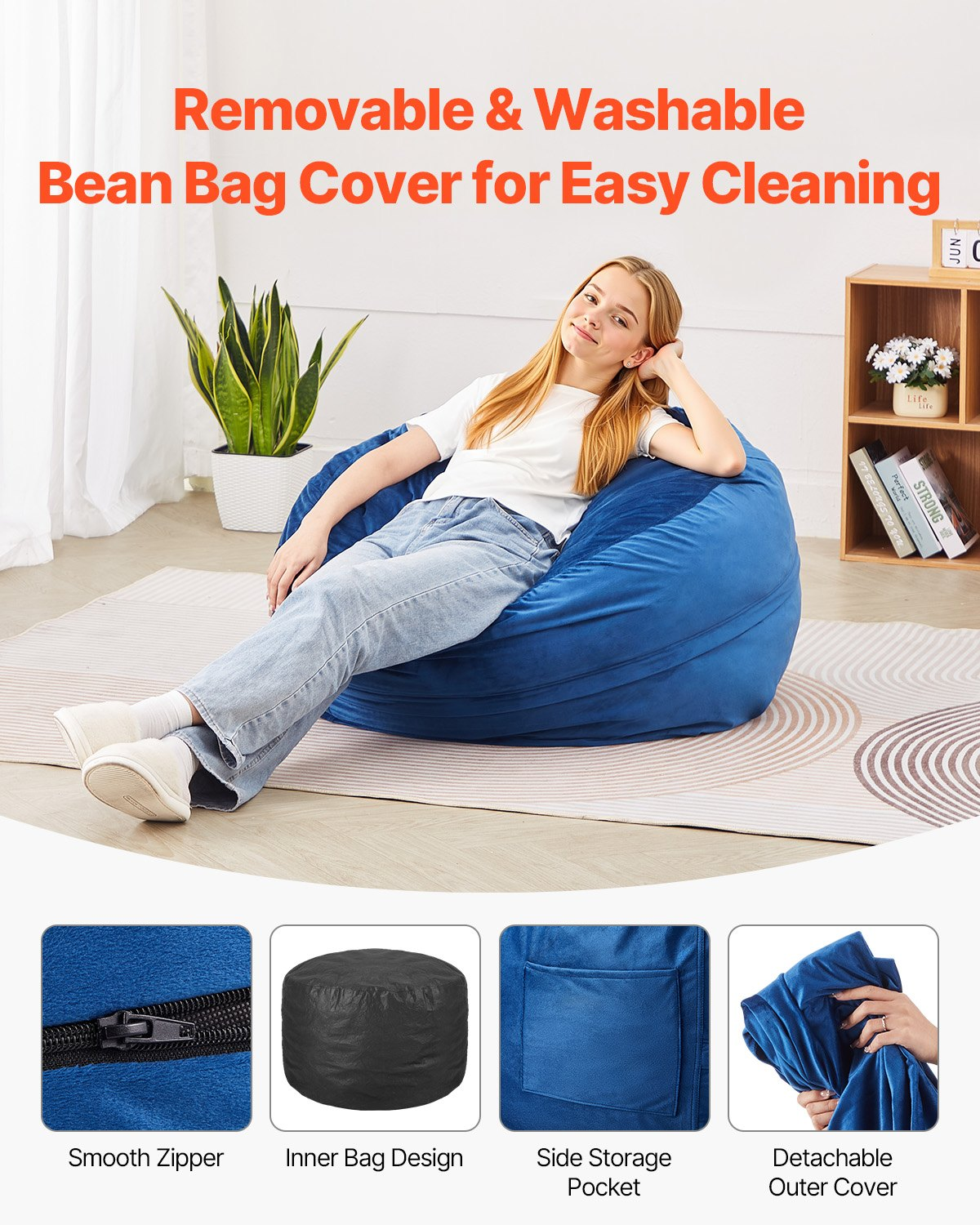 Blue VEVOR bean bag chair, 3-foot round with removable washable cover, filled with memory foam, perfect for bedroom or playroom seating.