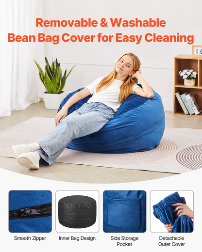 Blue VEVOR bean bag chair, 3-foot round with removable washable cover, filled with memory foam, perfect for bedroom or playroom seating.