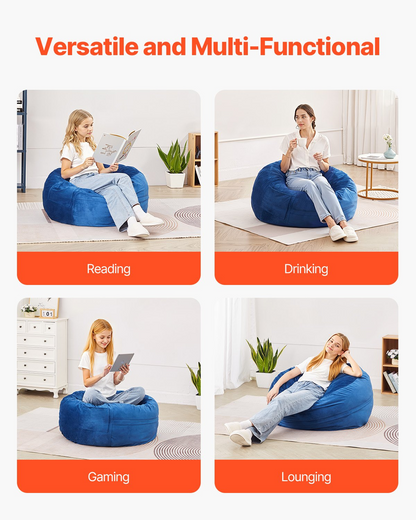 Start2Finish blue 3-foot round bean bag chair with removable washable cover, filled with memory foam, in a cozy bedroom or playroom setting.