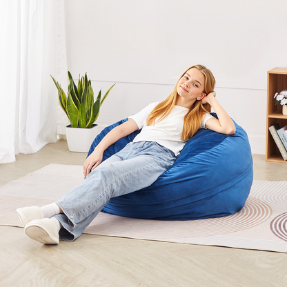 Start2Finish blue 3-foot round bean bag chair with removable washable cover, soft Dutch velvet, 25D memory foam filling.