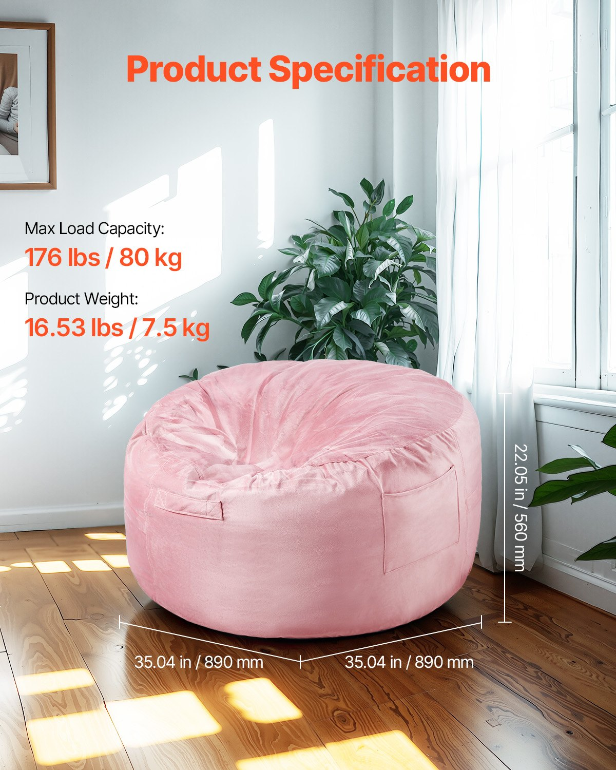 Start2Finish VEVOR pink 3-foot round bean bag chair with removable washable cover, filled with memory foam, in bedroom or playroom setting.