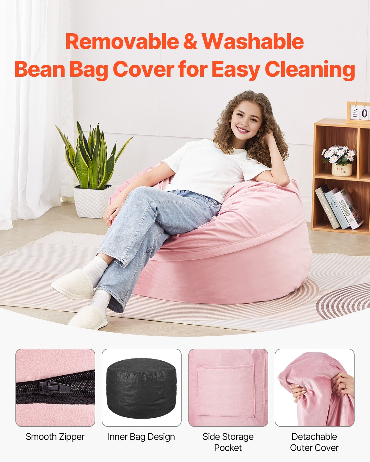 Start2Finish pink VEVOR 3-foot round bean bag chair with washable cover, memory foam filling, soft Dutch velvet for bedroom or playroom.