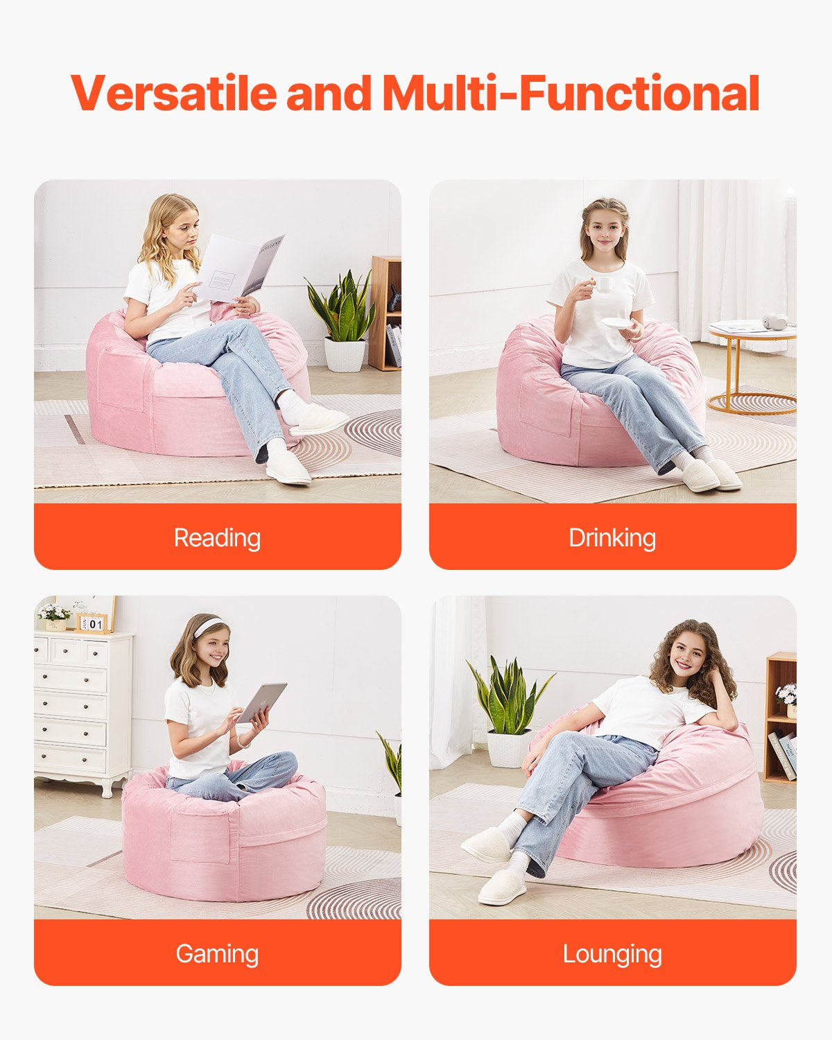 Pink VEVOR bean bag chair with removable washable cover, 3-foot round shape, filled with memory foam, in a cozy bedroom or playroom setting.