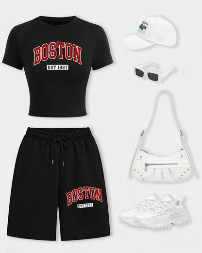 Boston Letter Est 1997 Women T-Shirt Set Drawstring Wide-Leg Short Pants Summer Pocket Black Pant Cotton Breathable Crop T Shirt