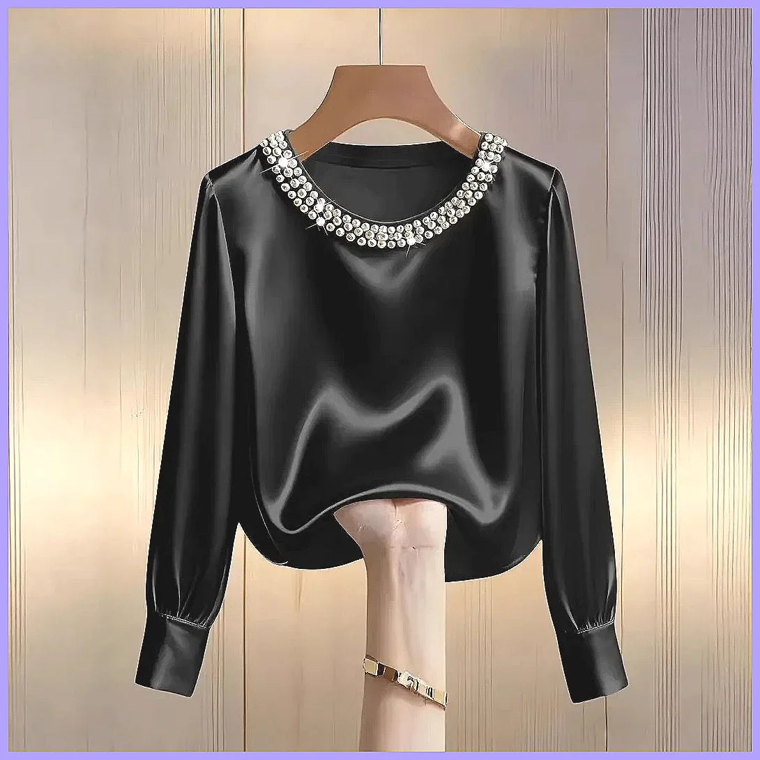 Elegant Beaded Satin Blouse for Women, Loose Fit Long Sleeve Silk Shirt Tops