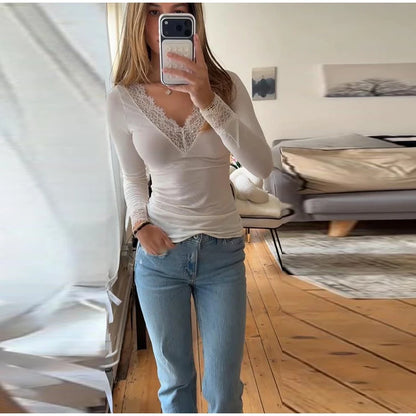 2026 Spring/Autumn Lady Fashion Inner Wear Casual V Neck Lace Trim Top Women's Solid Full Sleeve Underwear Shirt for Layering