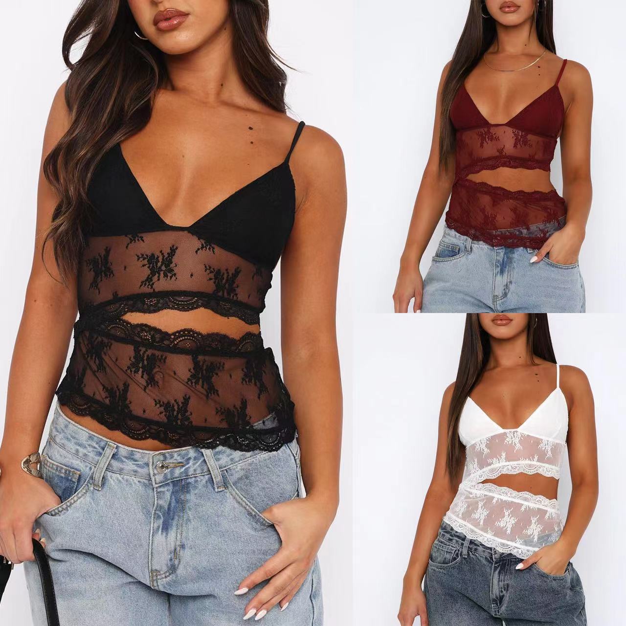 Lace Stitched Backless Small Sling Women V Neck Tank Top Underwear