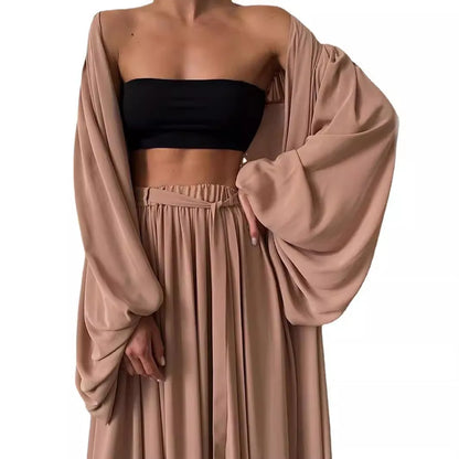 Summer Spring Women's Clothing Two Piece Set Long Sleeve Lantern Sleeve Solid Color Outfit Women's Suit Polyester Streetwear