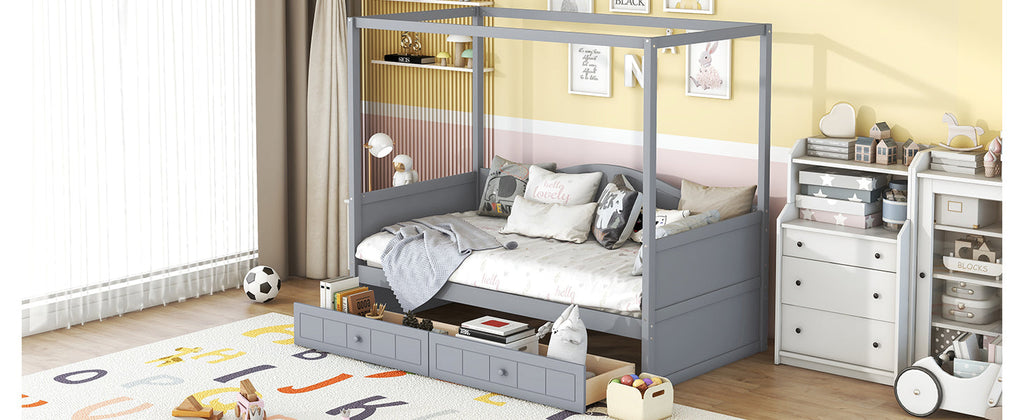 Twin Size Canopy Day Bed with 2 Drawers, Canopy Bed Frame for Bedroom