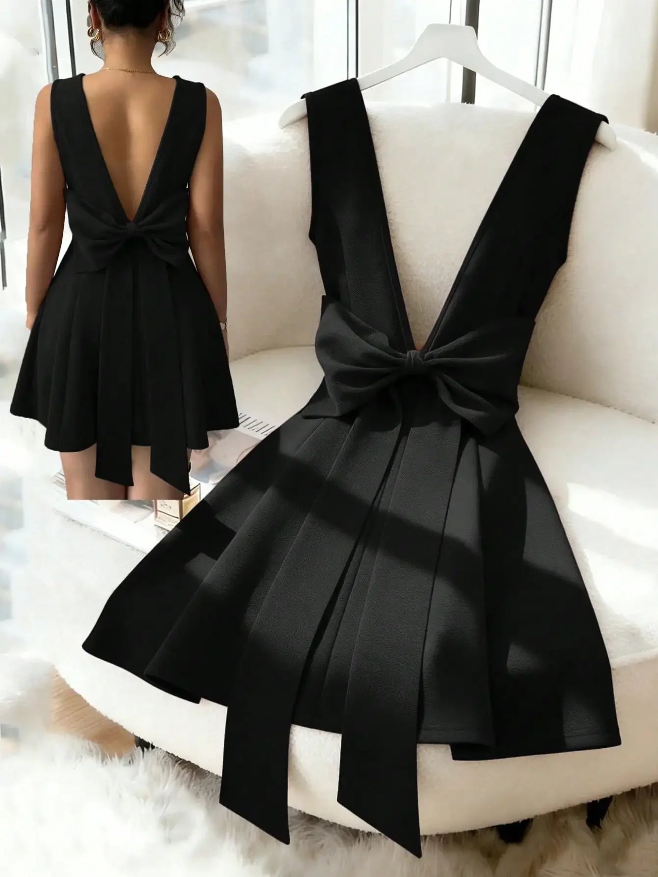 New Elegant Sexy V-Neck Backless Fitted Dress With Bowknot Waist, Burgundy Color, Luxury European Style, Suitable For In