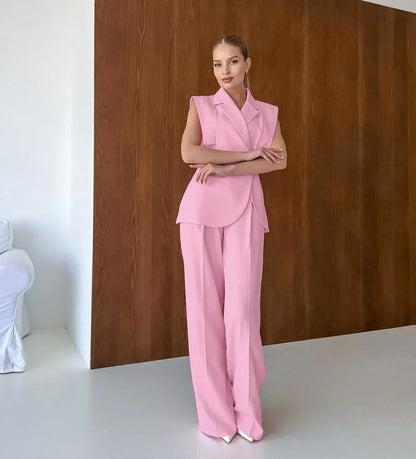Pink Waistcoat Pants Suit Women Lapel Two Buttons Sleeveless Vest Blazer Wide Leg Pants Set 2025 New Lady Office Outfits Suit