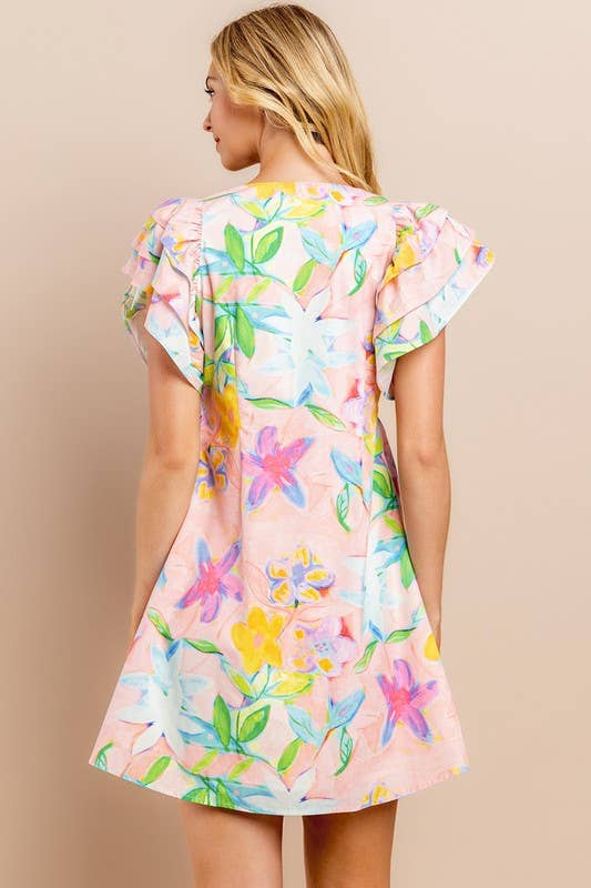 [Size L] Floral Printed Dress in Blush | V Neckline Button Down Mini