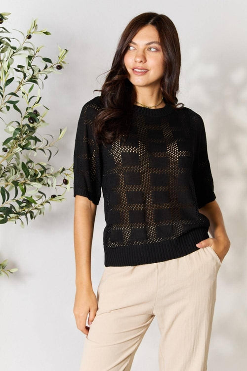 Carmine Juneberry Mandy ribbed trim round neck knit top, close-up of soft knit fabric with ribbed details and round neckline.