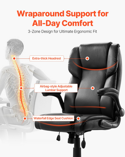 Start2Finish VEVOR executive office chair with lumbar support, flip-up armrests, PU leather, and adjustable height for ergonomic comfort.