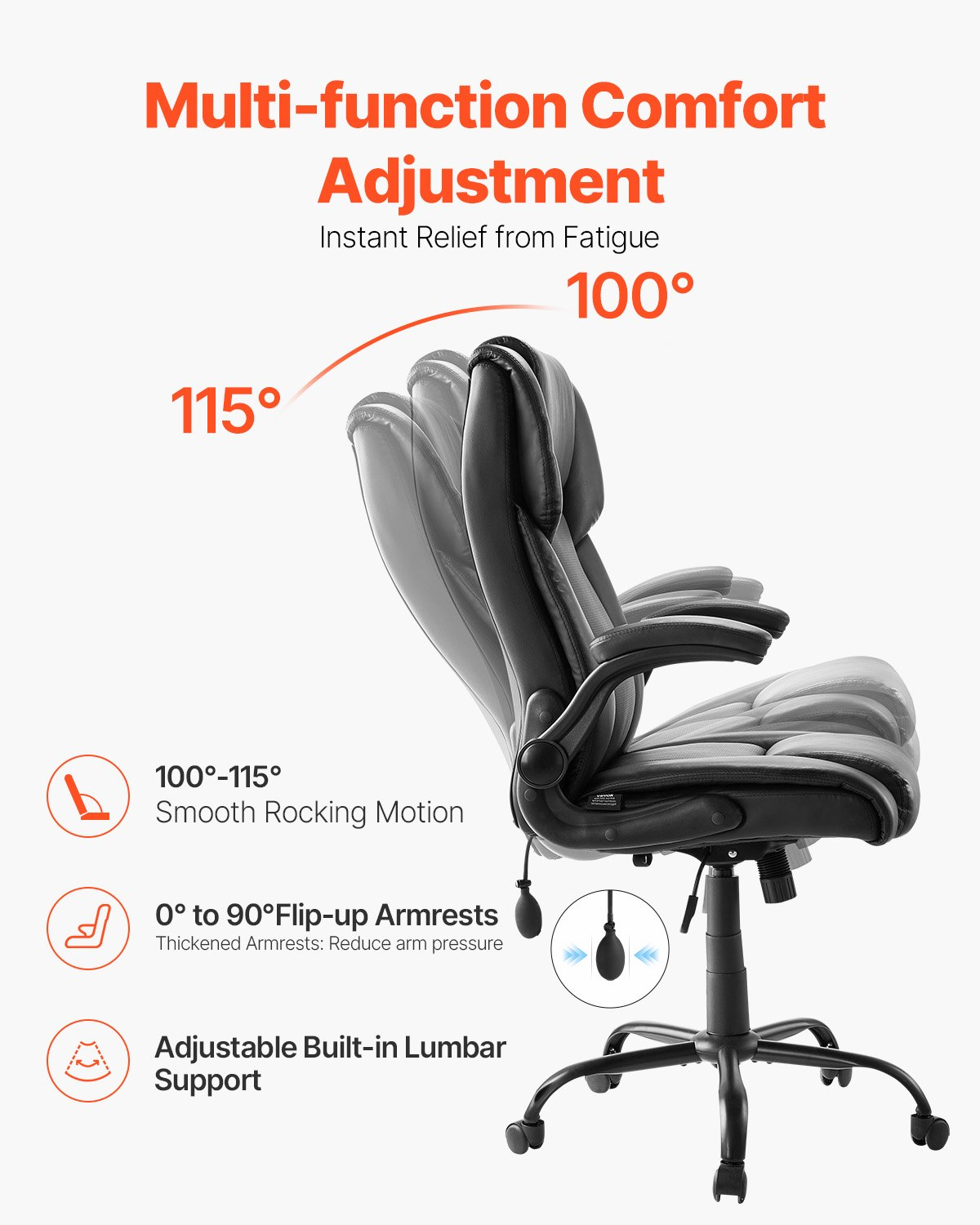 Start2Finish VEVOR executive office chair with lumbar support, flip-up armrests, PU leather, height adjustment, and reclining feature.
