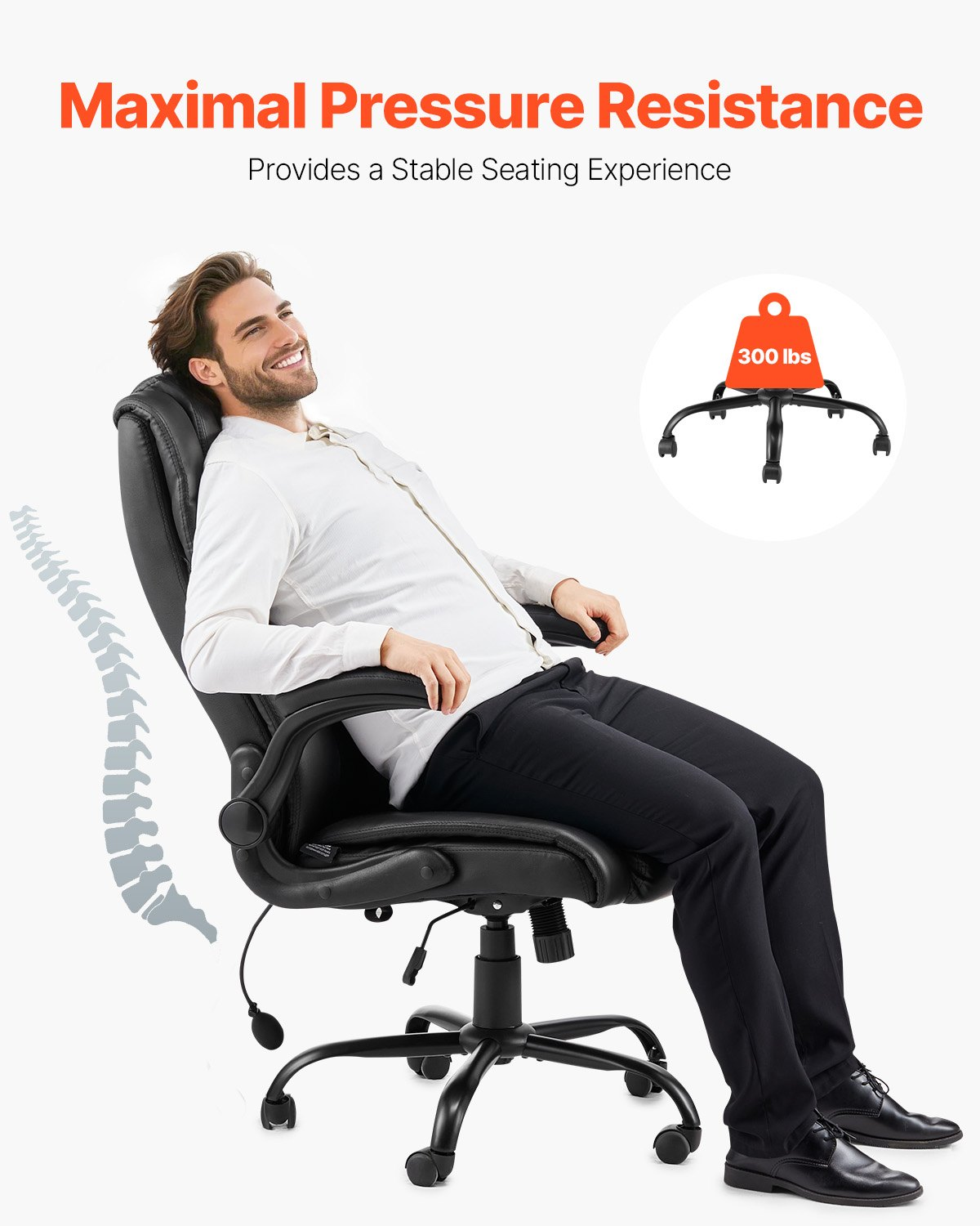 Start2Finish VEVOR executive office chair with lumbar support, flip-up armrests, PU leather, adjustable height, and reclining feature.