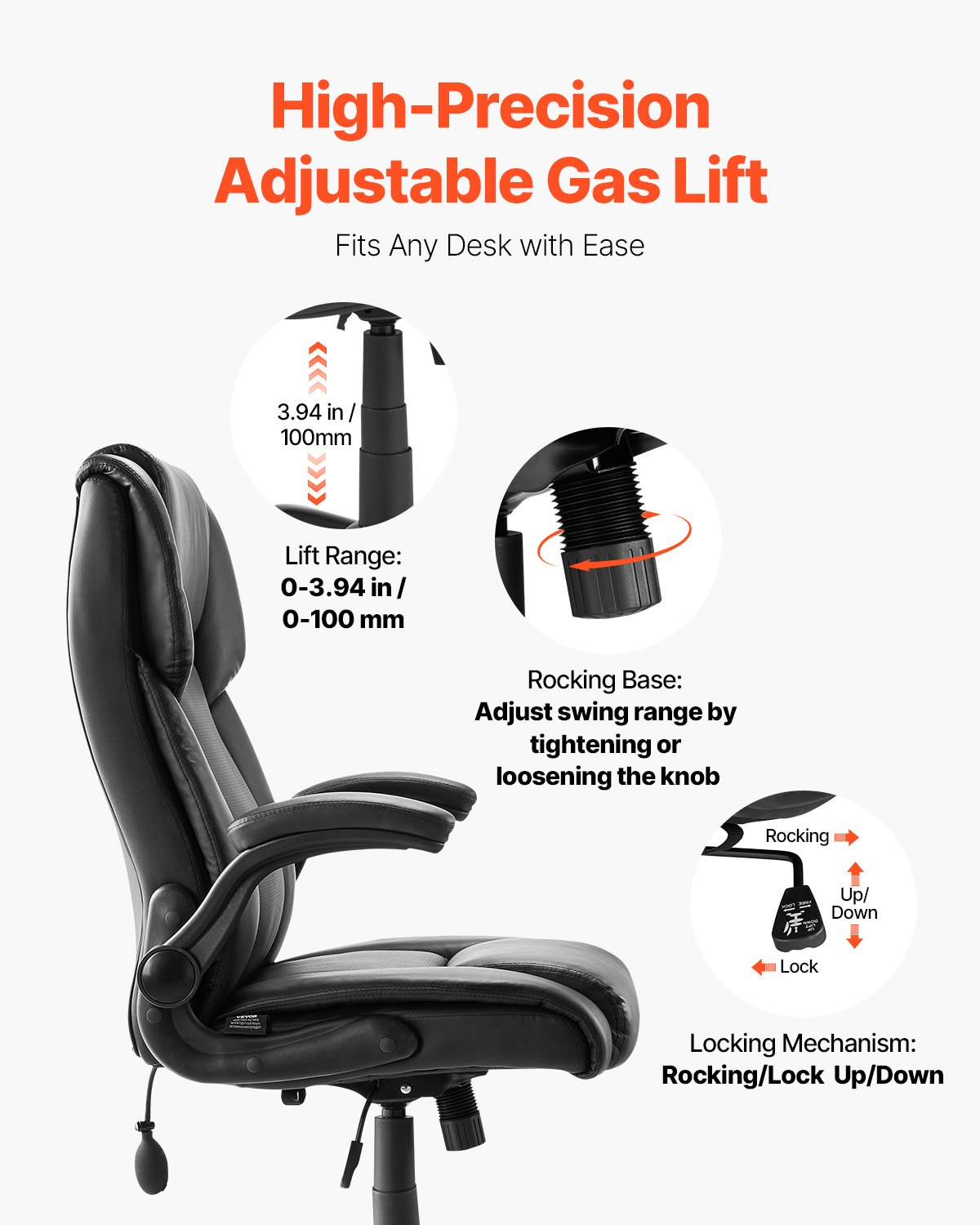 Start2Finish VEVOR executive office chair with lumbar support, flip-up armrests, adjustable height, PU leather, and reclining feature.