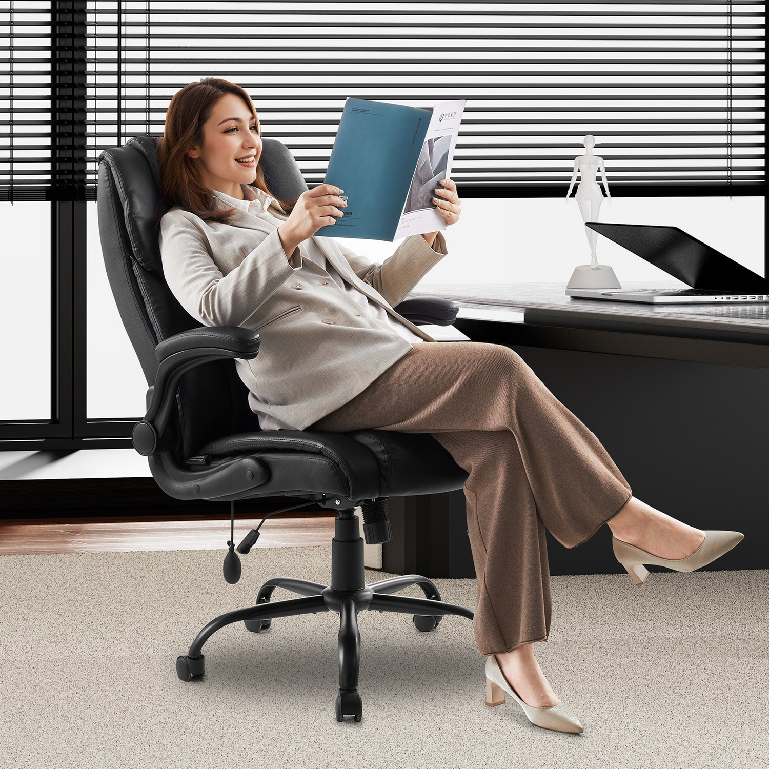 Start2Finish VEVOR executive office chair with lumbar support, flip-up armrests, adjustable height, PU leather, and reclining feature.