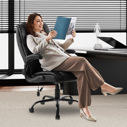 Start2Finish VEVOR executive office chair with lumbar support, flip-up armrests, adjustable height, PU leather, and reclining feature.