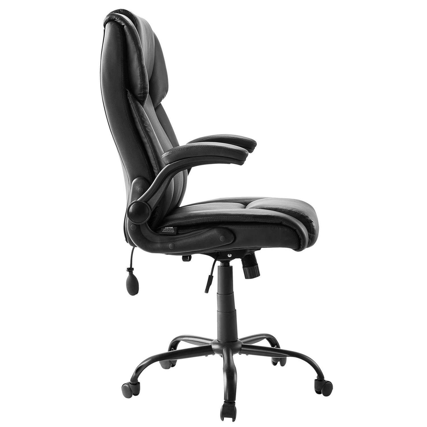 Start2Finish VEVOR executive office chair with lumbar support, flip-up armrests, height adjustment, PU leather, and reclining feature.