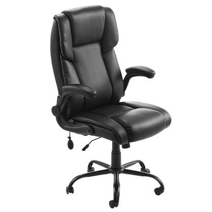 Start2Finish VEVOR executive office chair with lumbar support, flip-up armrests, adjustable height, PU leather, and reclining feature.