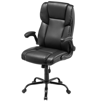 Start2Finish VEVOR executive office chair with lumbar support, flip-up armrests, PU leather, and height adjustment for ergonomic comfort.