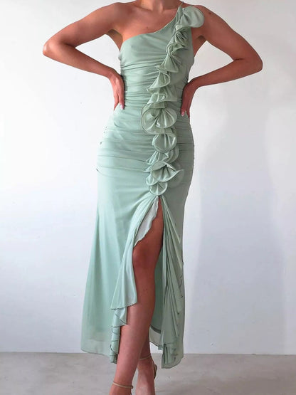 Stylish One-Shoulder Ruffle : Slit Dress