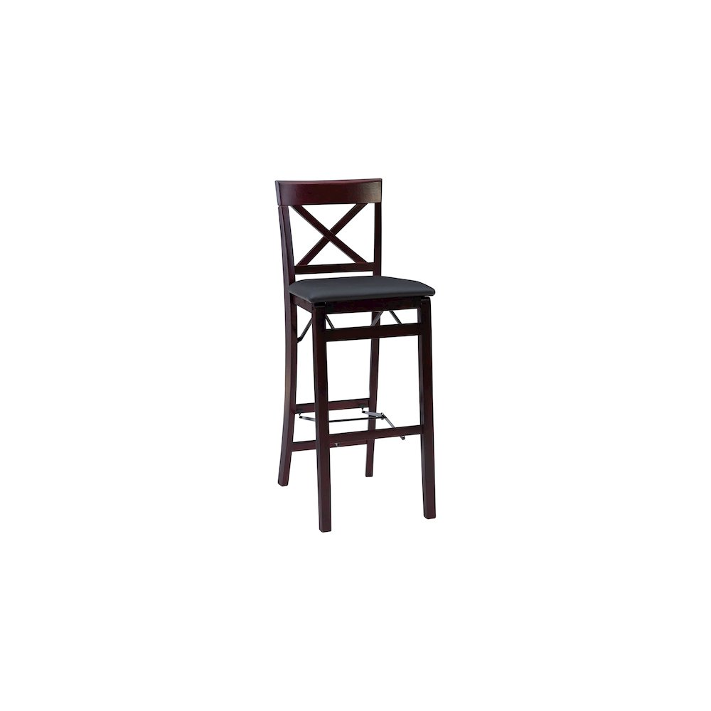 Start2Finish Triena 30-inch back folding bar stool with X-style design, featuring a cushioned seat and sturdy metal frame.