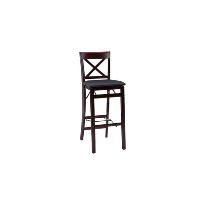 Start2Finish Triena 30-inch back folding bar stool with X-style design, featuring a cushioned seat and sturdy metal frame.