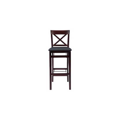 Start2Finish Triena 30-inch back folding bar stool with X-style frame and cushioned seat, shown in a side view.
