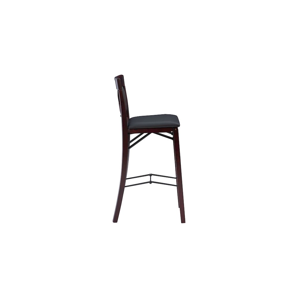 Start2Finish Triena 30-inch black back folding bar stool with X-style frame and padded seat, shown folded and upright.