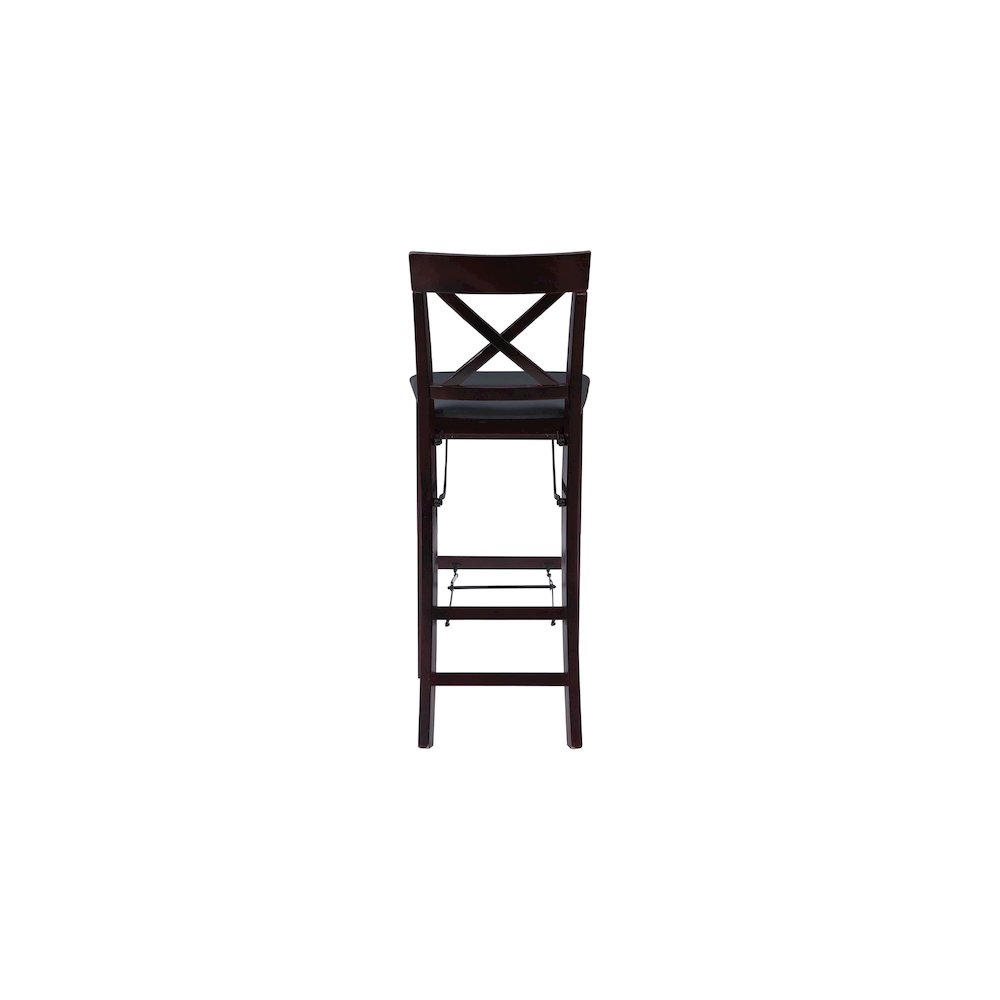 Start2Finish Triena 30-inch X-back folding bar stool with wooden seat and metal frame, shown folded and unfolded for space-saving use.