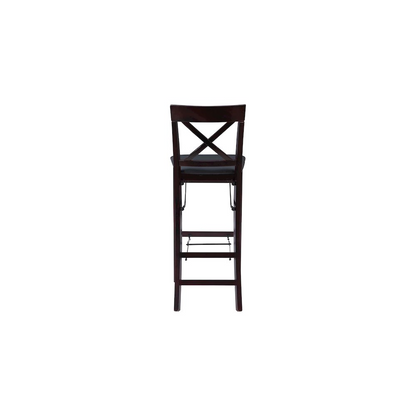 Start2Finish Triena 30-inch X-back folding bar stool with wooden seat and metal frame, shown folded and unfolded for space-saving use.