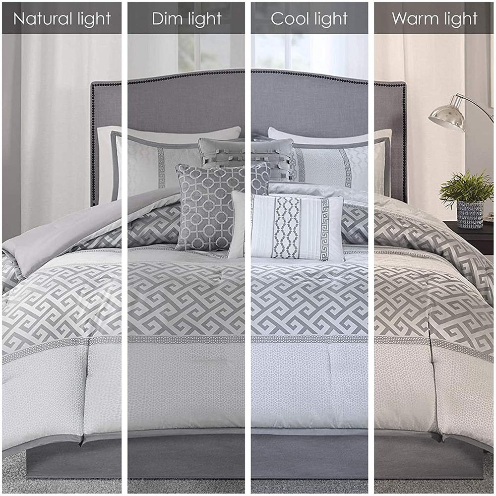 Start2Finish Bennett 7-piece grey comforter set with matching pillow shams and decorative cushions on a bed.