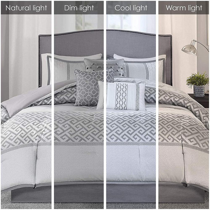 Start2Finish Bennett 7-piece grey comforter set with matching pillow shams and decorative cushions on a bed.