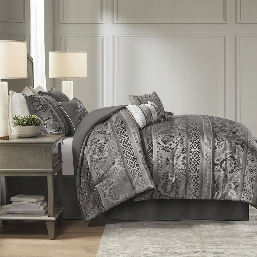 Start2Finish 7-piece Jacquard comforter set featuring intricate woven patterns and matching pillow shams for elegant bedroom decor.