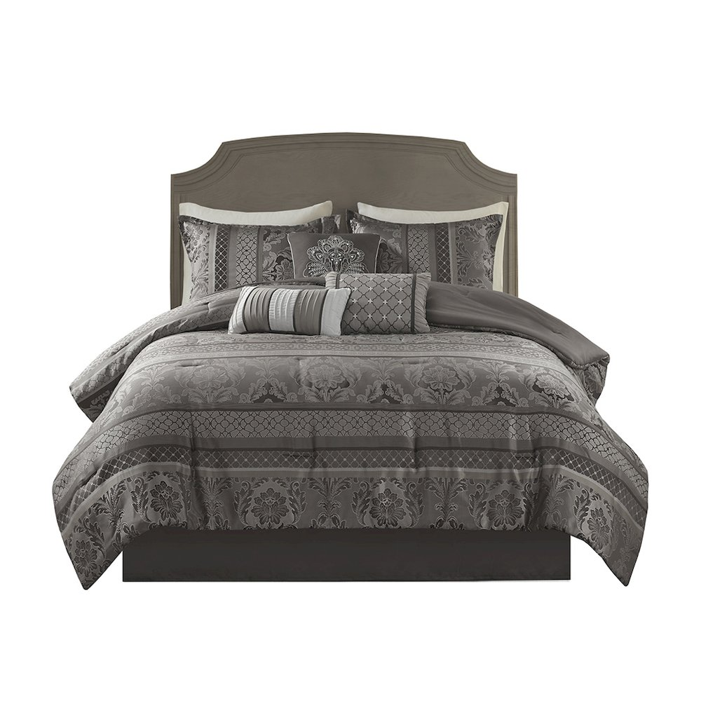 Start2Finish 7-piece jacquard comforter set with intricate woven pattern, includes comforter, pillow shams, and decorative pillows.