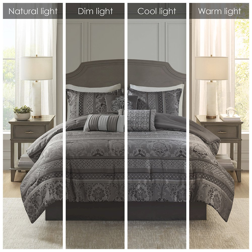 Start2Finish 7-piece jacquard comforter set featuring intricate woven patterns in elegant colors, perfect for a stylish bedroom.