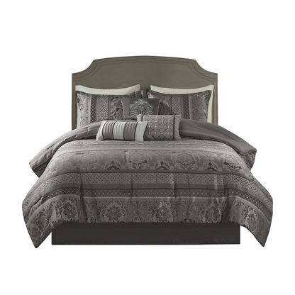 Start2Finish 7-piece jacquard comforter set with matching pillow shams and decorative pillows on a bed with a stylish design.