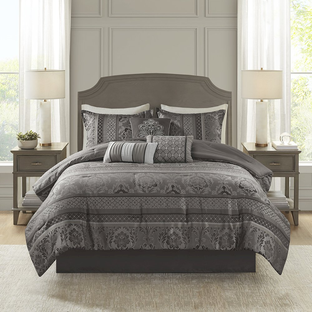 Start2Finish 7-piece Jacquard comforter set with intricate woven pattern, includes comforter, pillow shams, and decorative pillows.