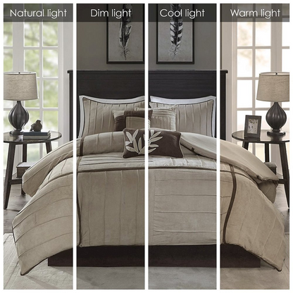 Start2Finish 7-piece comforter set with coordinating pillow shams and decorative pillows in a cozy, stylish bedroom arrangement.