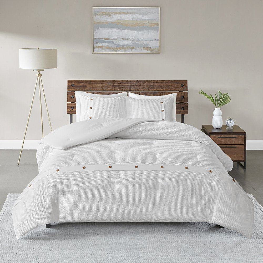 Start2Finish 3-piece cotton waffle weave comforter set featuring soft, textured fabric and matching pillow shams for cozy bedding.